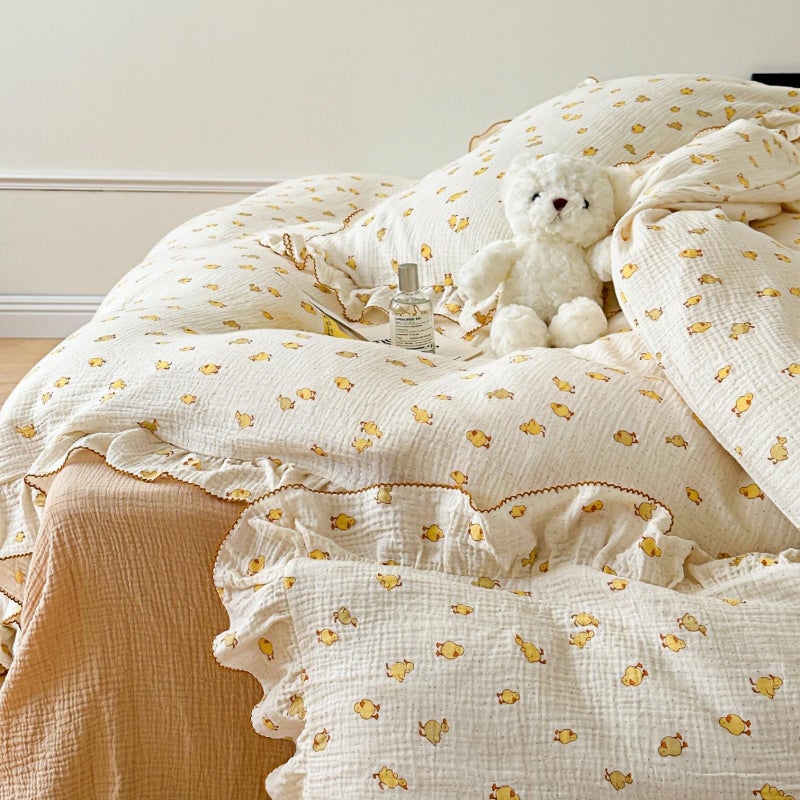 BuLuTu Cute Yellow Duck Print Duvet Cover Twin for Kids Toddler Girls Boys 100% Cotton Muslin Quilt Cover Twin  68""x86""  Ruffled Bedding Soft Breathable  Zipper Closure  No Pillowcase - Image 4